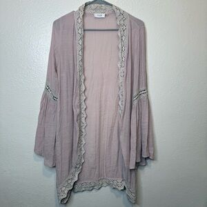 Bluivy Open Front Lace Trim Bell Sleeve Dusty Pink Crepe Cardigan Size Small